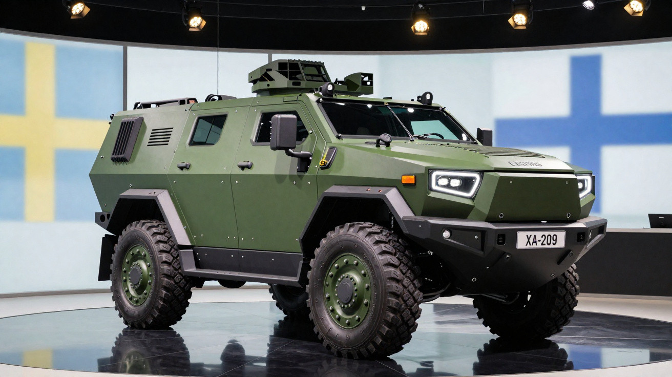 Veículo militar blindado verde com faróis acesos em estande de exposição com bandeiras na parede.
