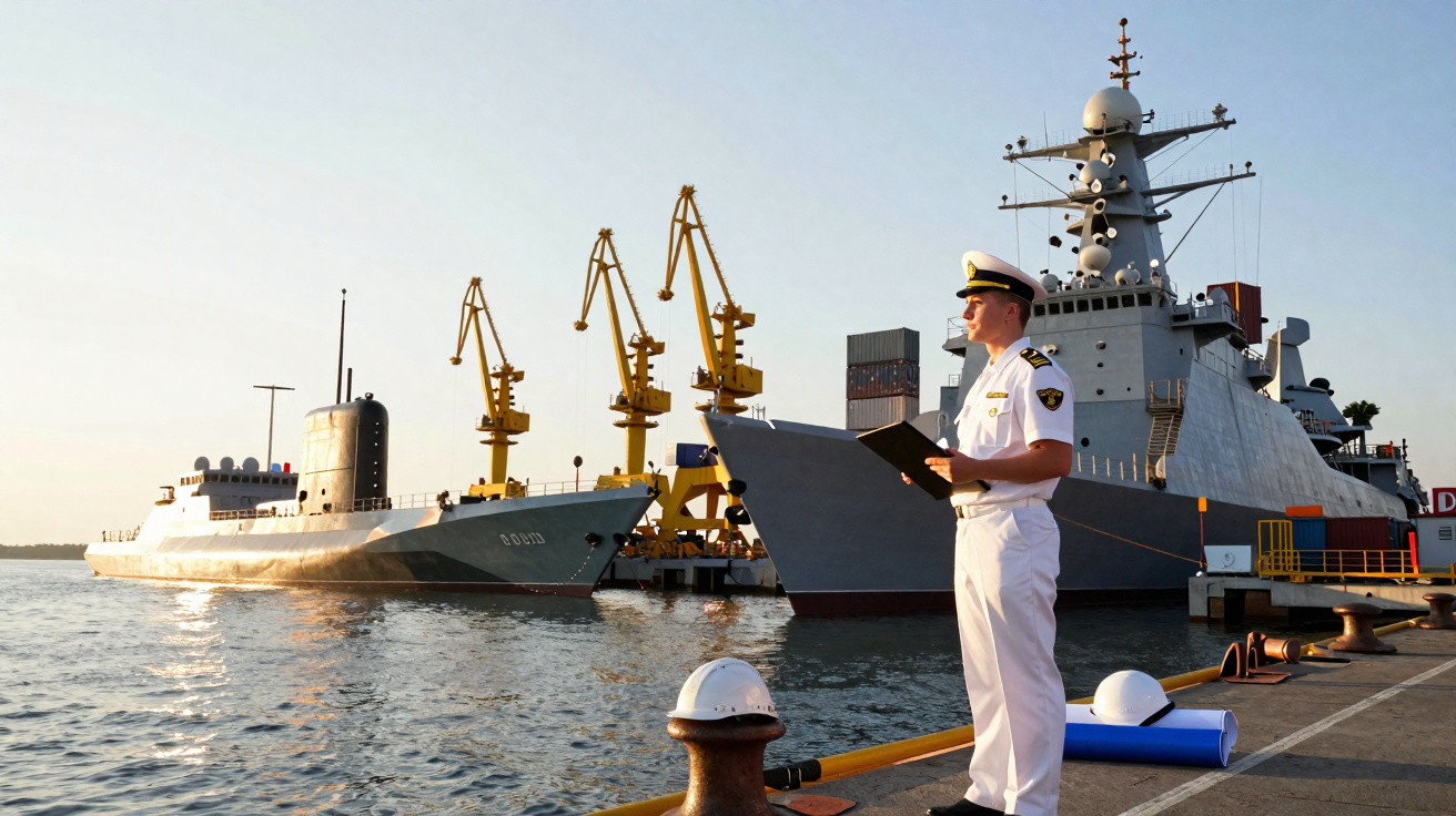Marinheiro em uniforme branco observa navios militares atracados em porto com guindastes ao fundo.