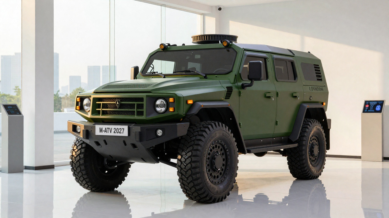 Veículo militar blindado verde estacionado em ambiente interno moderno e iluminado.
