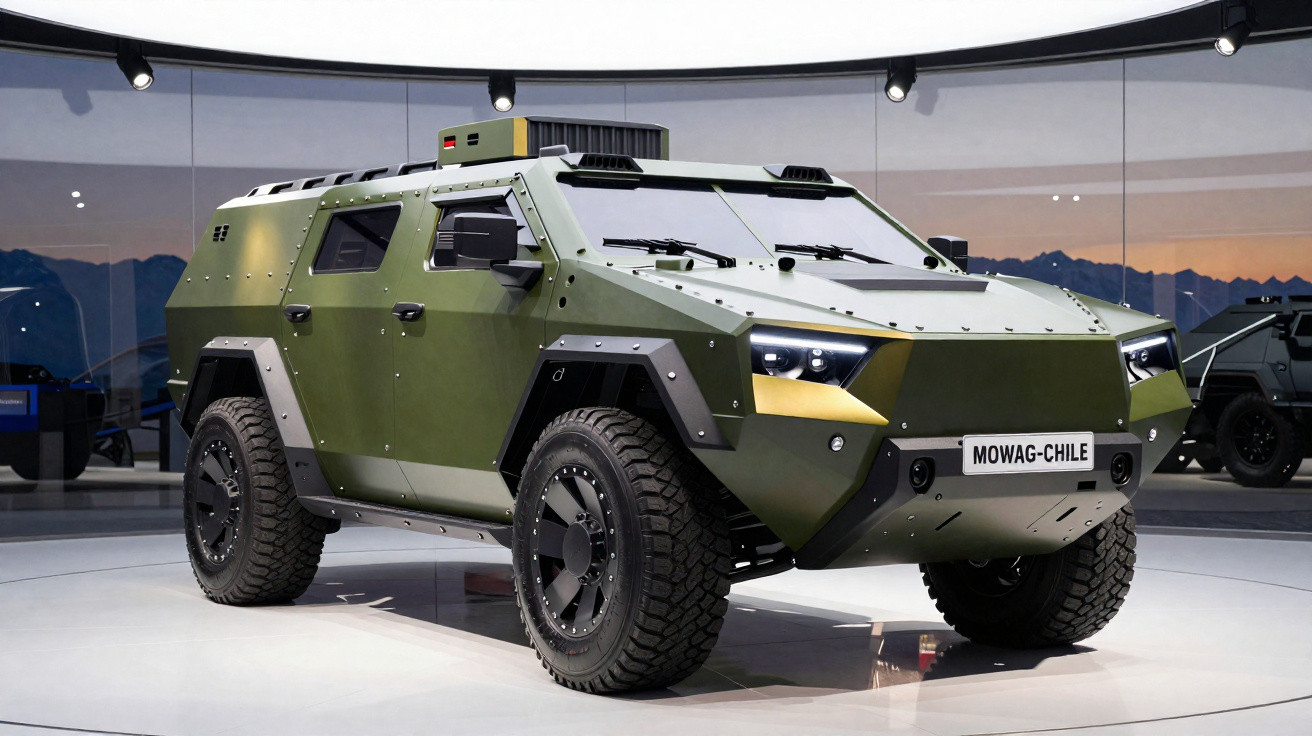 Veículo blindado verde militar com rodas robustas exibido em exposição interna iluminada.