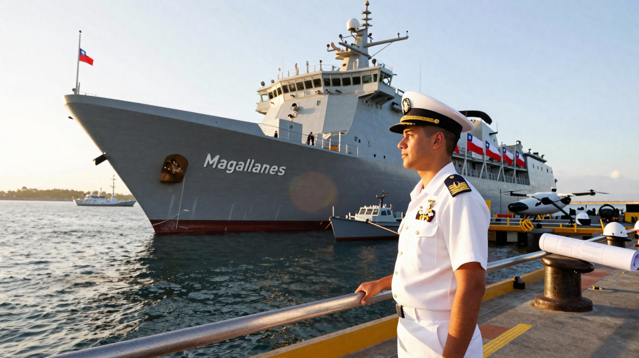 Marinheiro em uniforme branco observa navio de guerra cinza com nome Magallanes atracado em porto.