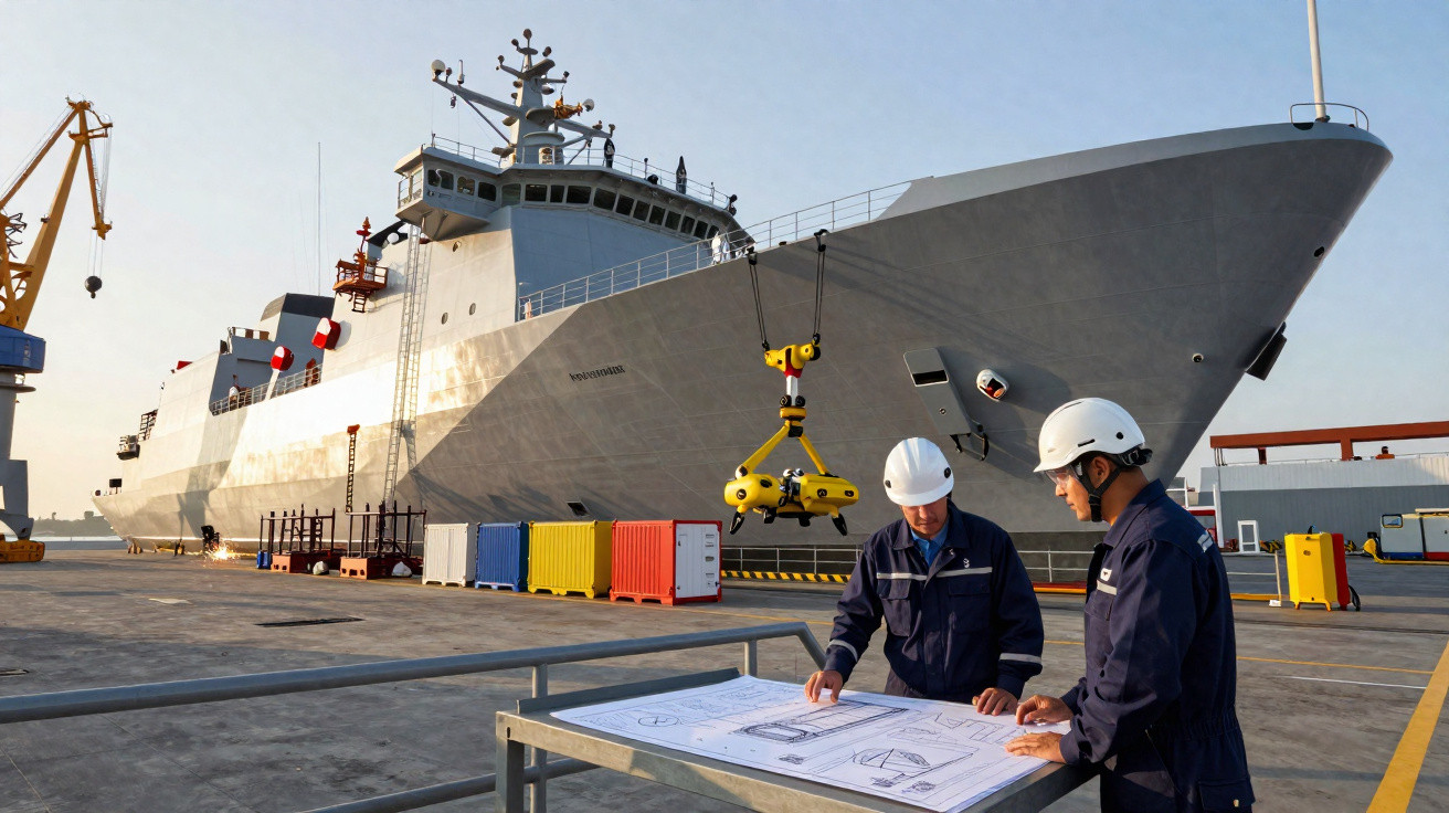 Dois homens com capacete consultam plantas em estaleiro naval, com grande navio cinza ao fundo.