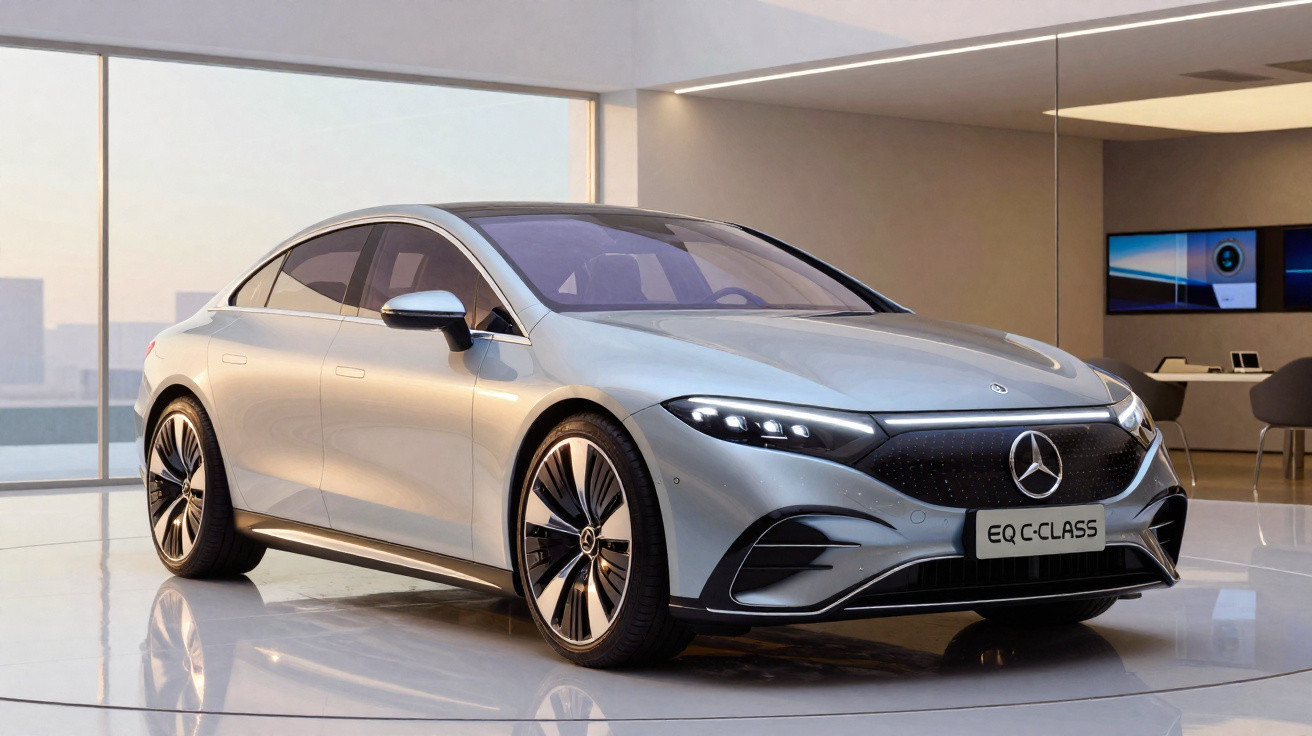 Carro elétrico Mercedes-Benz EQ C-Class prata exibido em showroom moderno e iluminado.