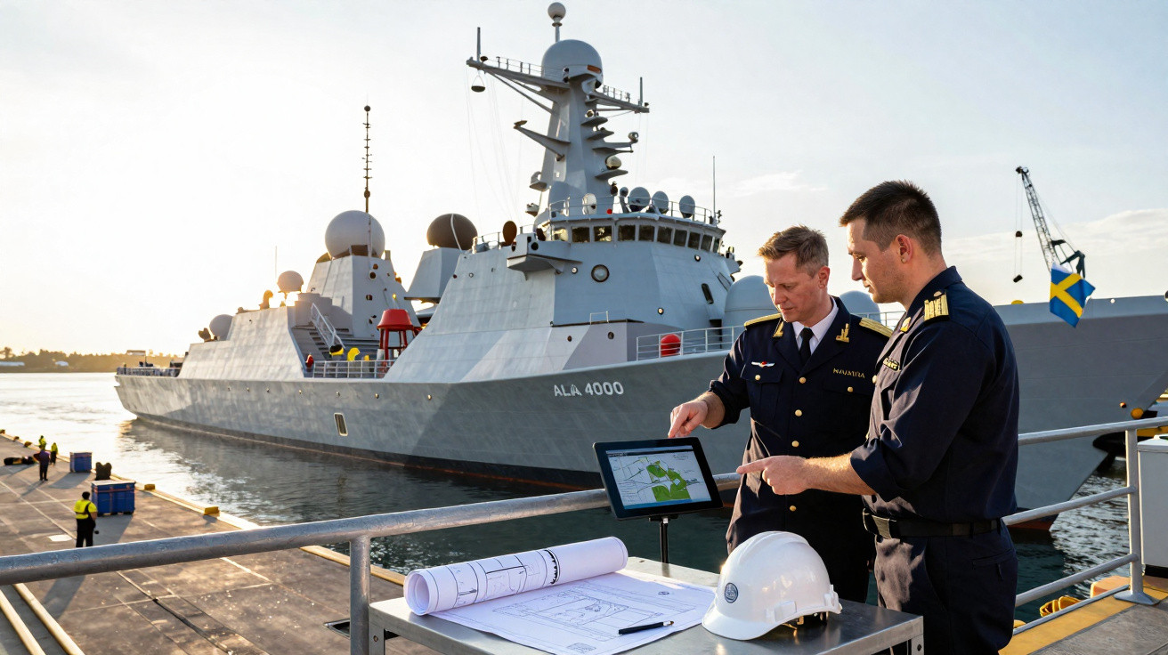 Dois oficiais militares conferem mapas e plantas ao lado de navio de guerra ancorado no porto ao pôr do sol.