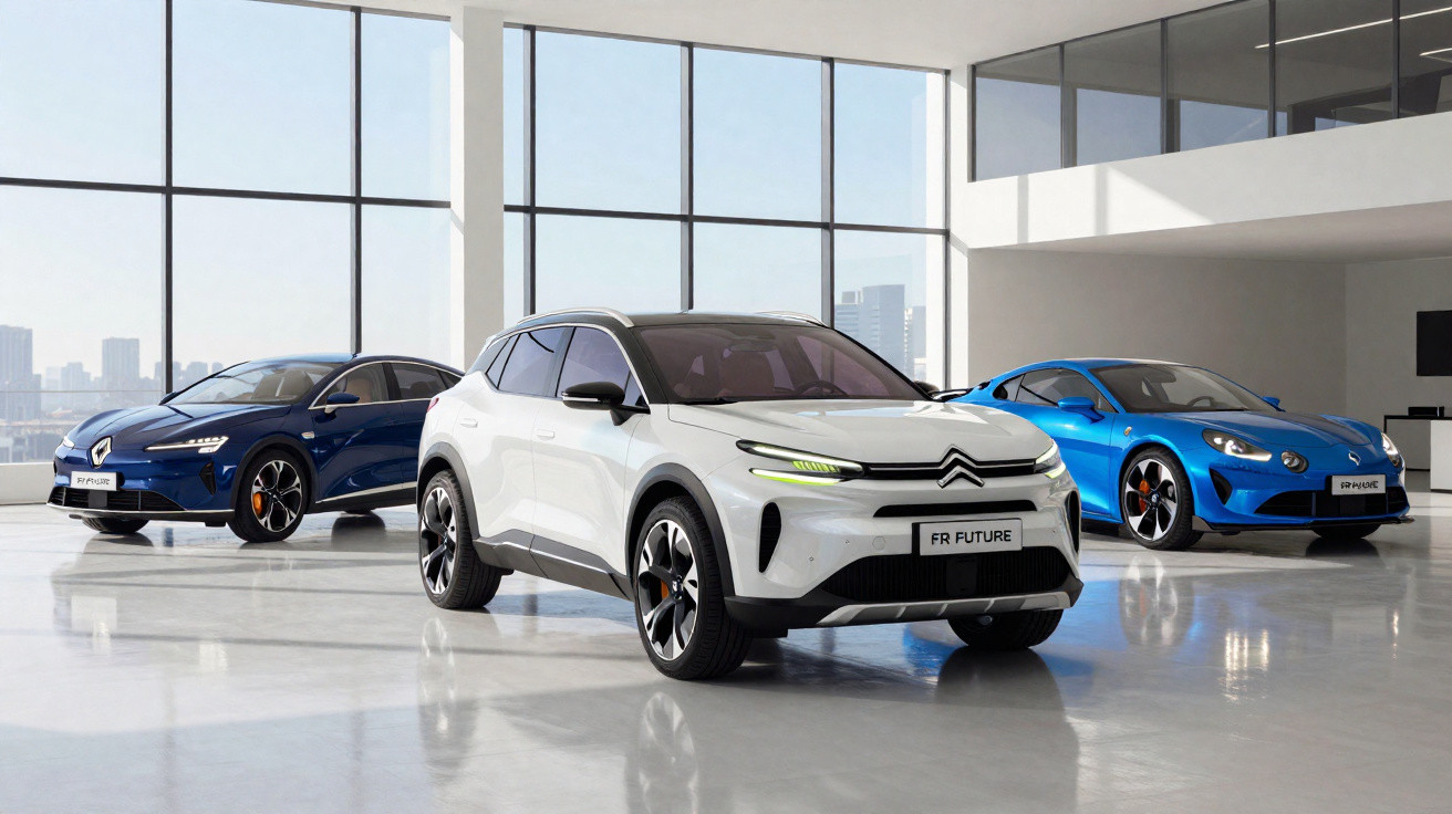 Três carros elétricos modernos em showroom com piso branco e janelas grandes ao fundo.