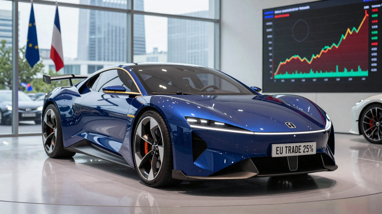 Carro esportivo azul metálico exibido em showroom moderno com gráfico de mercado no fundo.