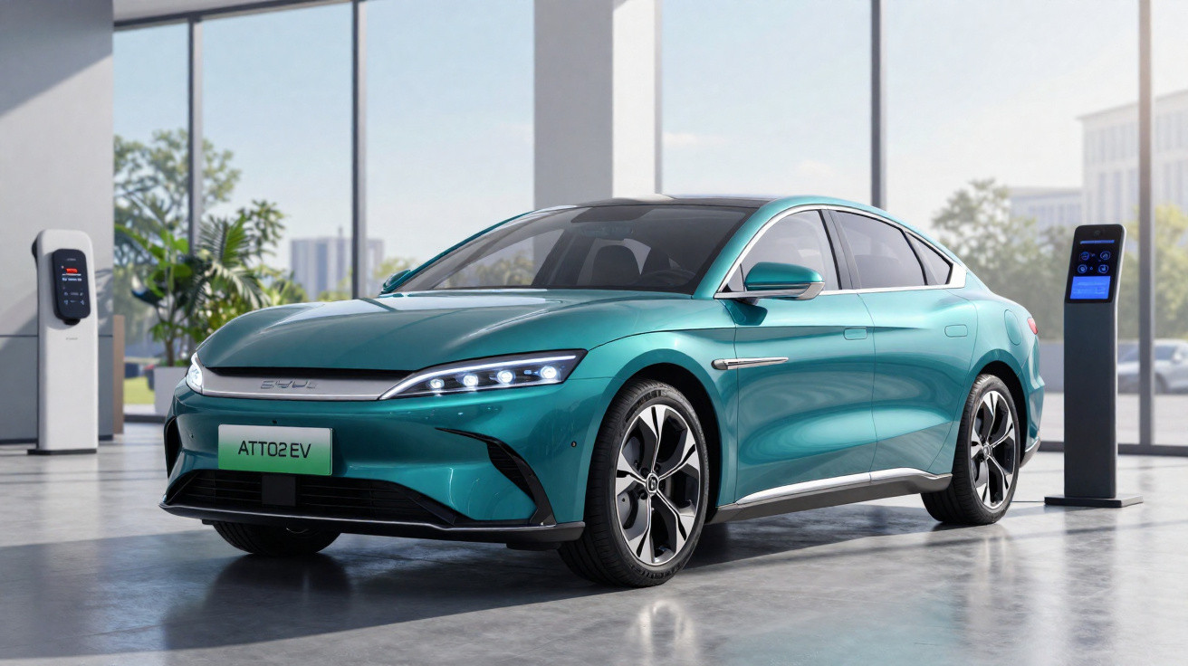 Carro elétrico verde estacionado em ambiente moderno com cargadores ao fundo e janelas amplas.