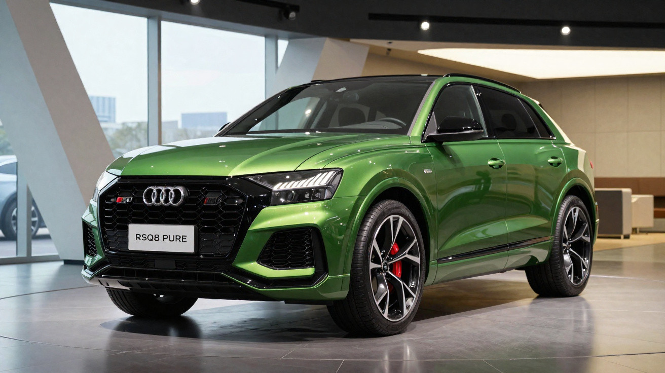 Audi RS Q8 verde em showroom moderno com rodas esportivas e detalhes em preto.