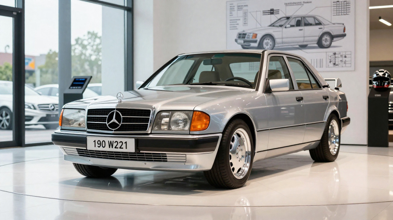 Carro clássico Mercedes-Benz 190 W221 prata exposto em showroom moderno e iluminado.