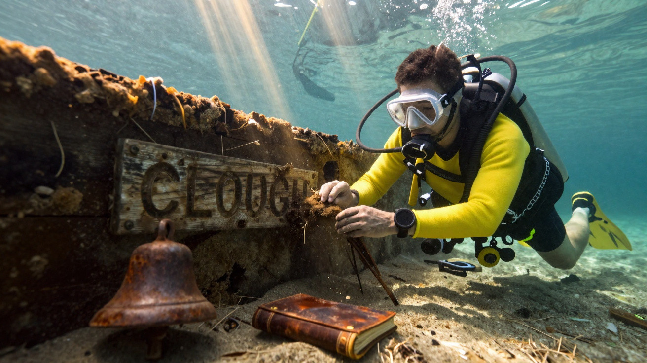 Mergulhador com roupa amarela explora parte submersa de navio antigo com sino e livro.