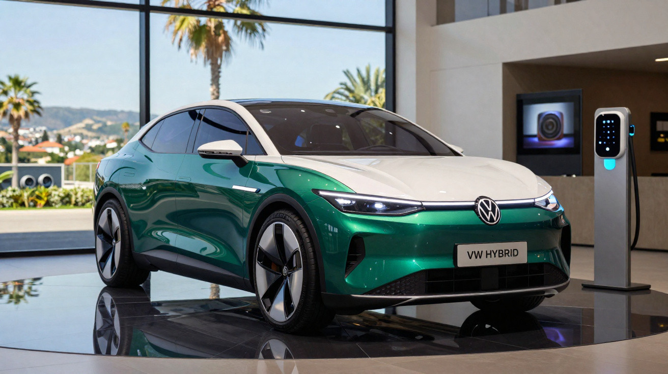 Carro VW híbrido verde e branco em exposição ao lado de estação de carregamento elétrico em showroom moderno.