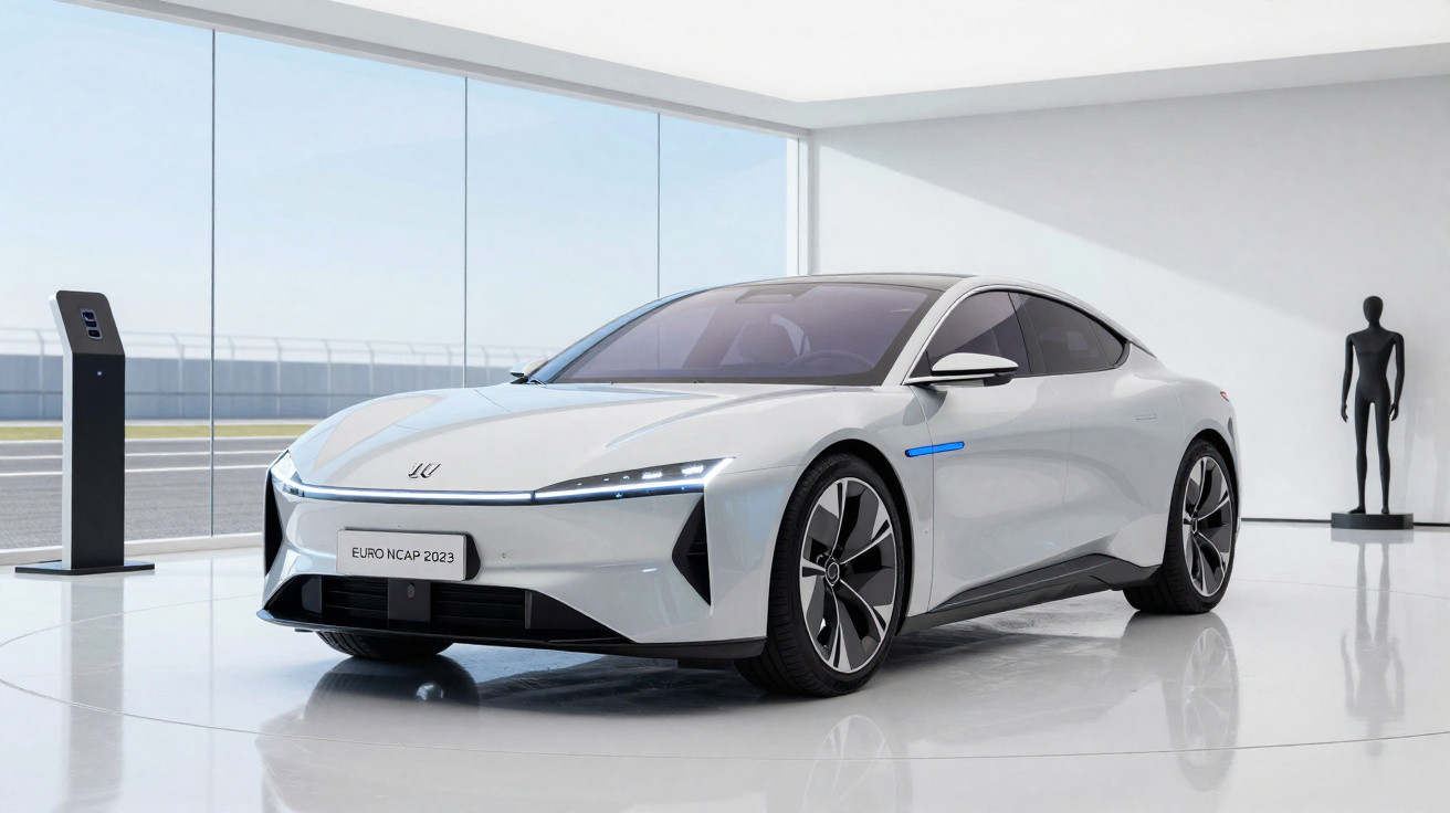 Carro elétrico branco moderno exposto em sala com grande janela e carregador ao lado.