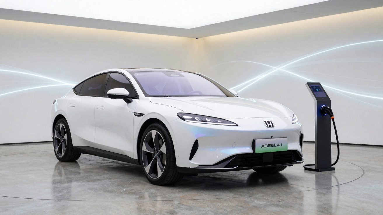 Carro elétrico branco Honda ABEELA1 conectado a carregador em ambiente interno moderno e iluminado.