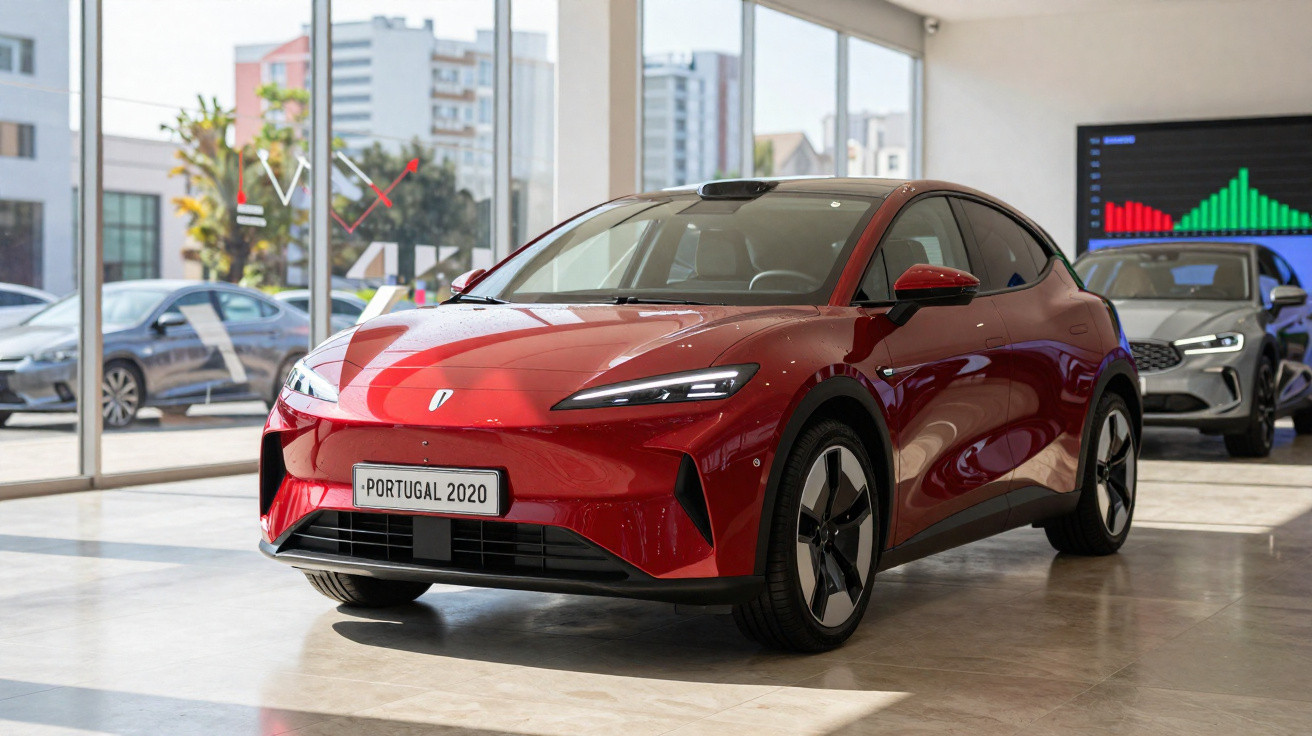 Carro elétrico vermelho moderno exibido em showroom com grande vidro e prédios ao fundo.