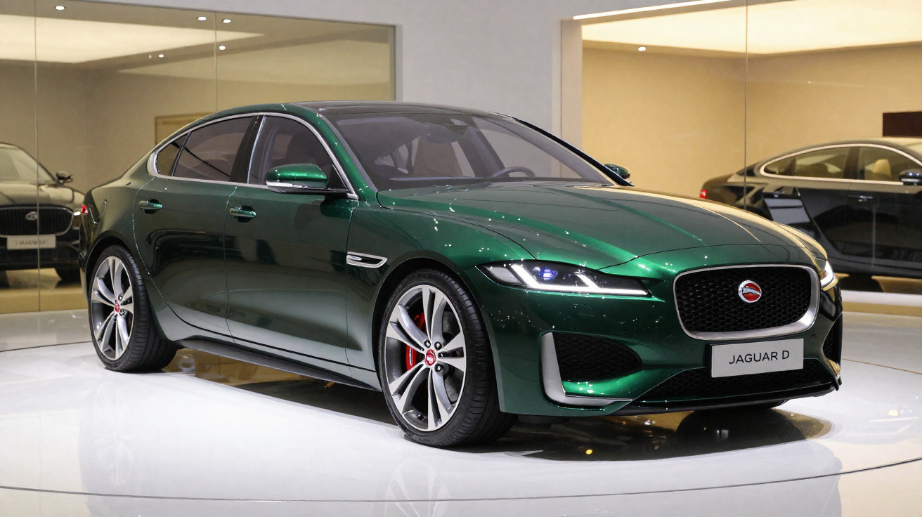 Carro esportivo sedã Jaguar verde metálico exibido em salão automotivo com rodas cromadas e faróis ligados.
