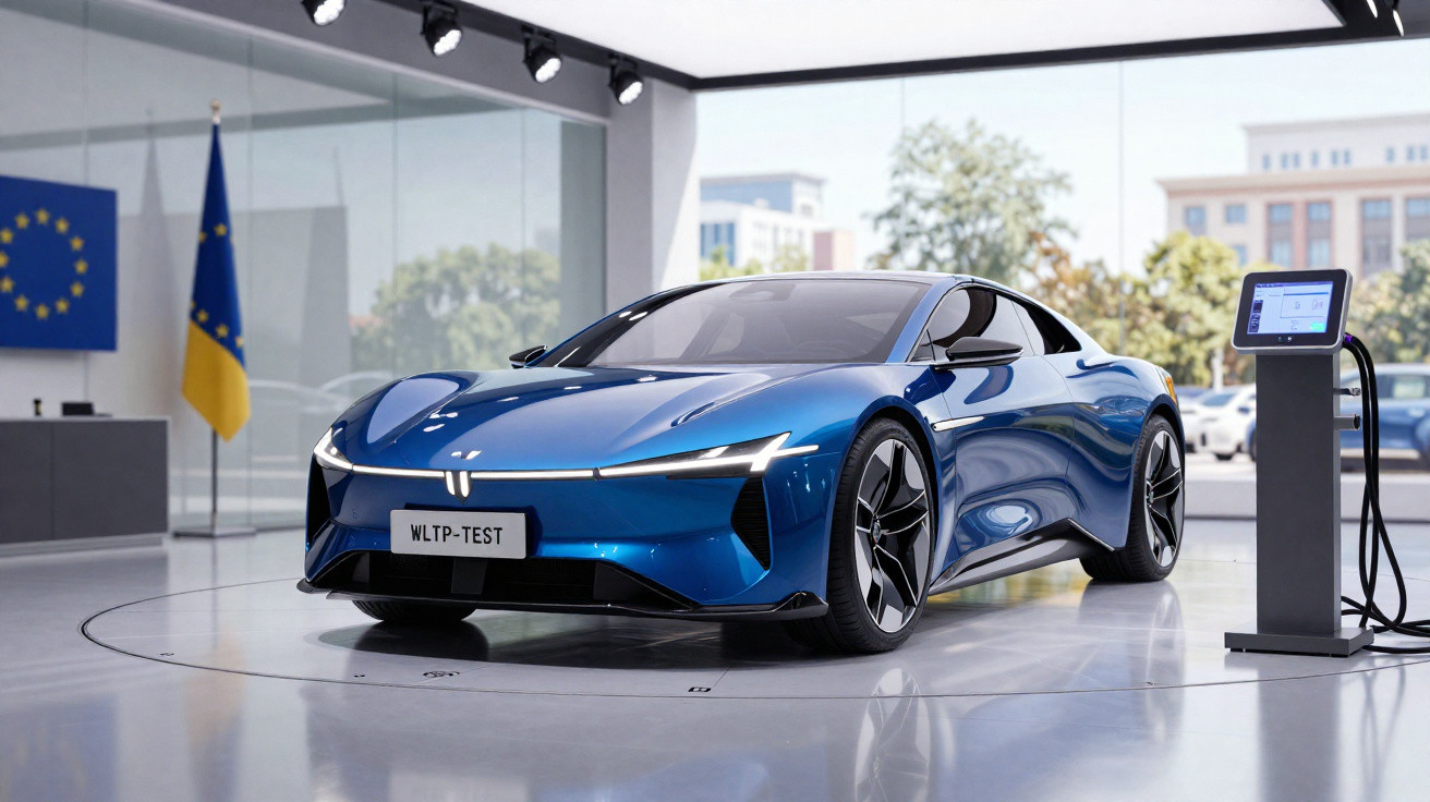 Carro esportivo elétrico azul em exposição dentro de showroom moderno com estação de carregamento.