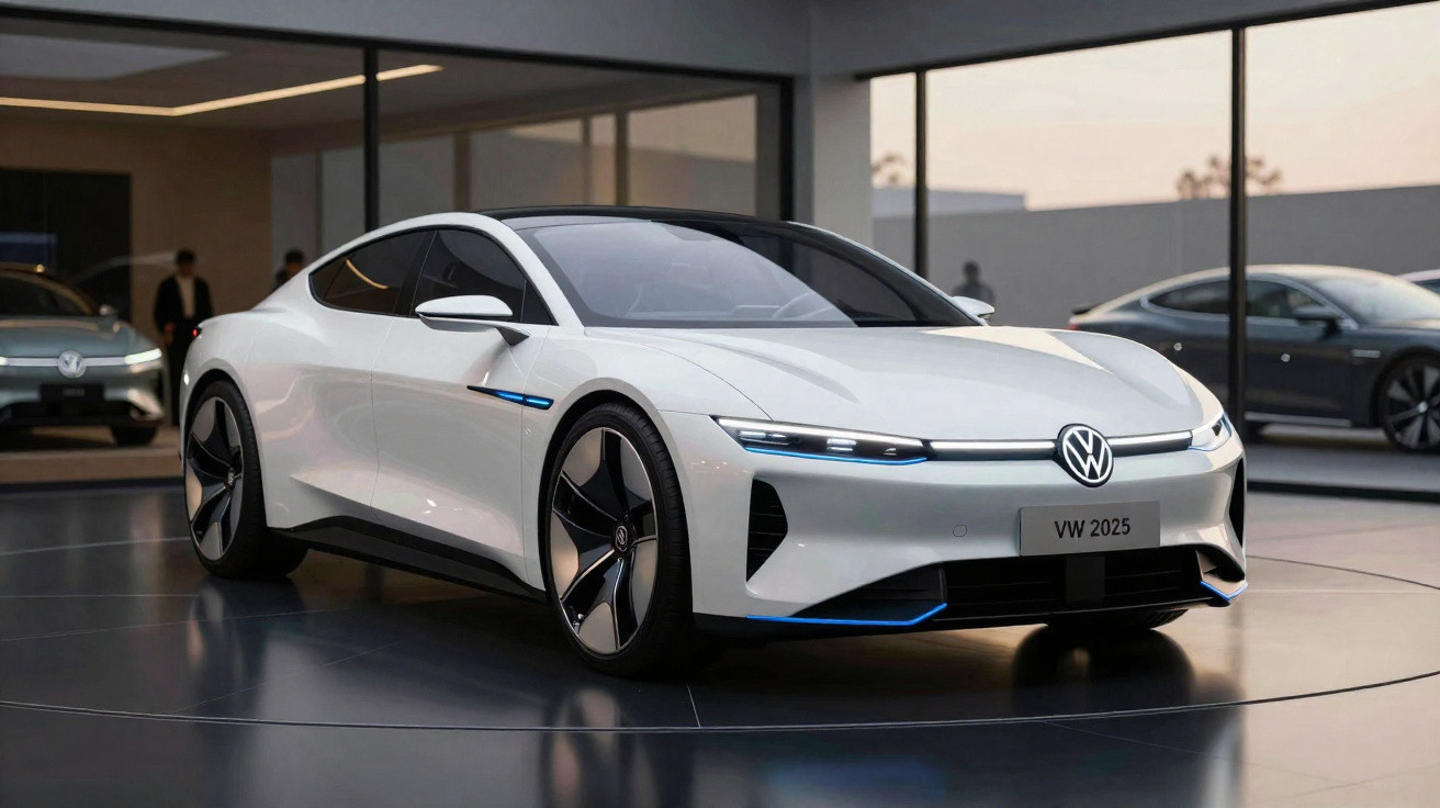 Carro elétrico Volkswagen branco modelo 2025 em exposição moderna com design futurista.