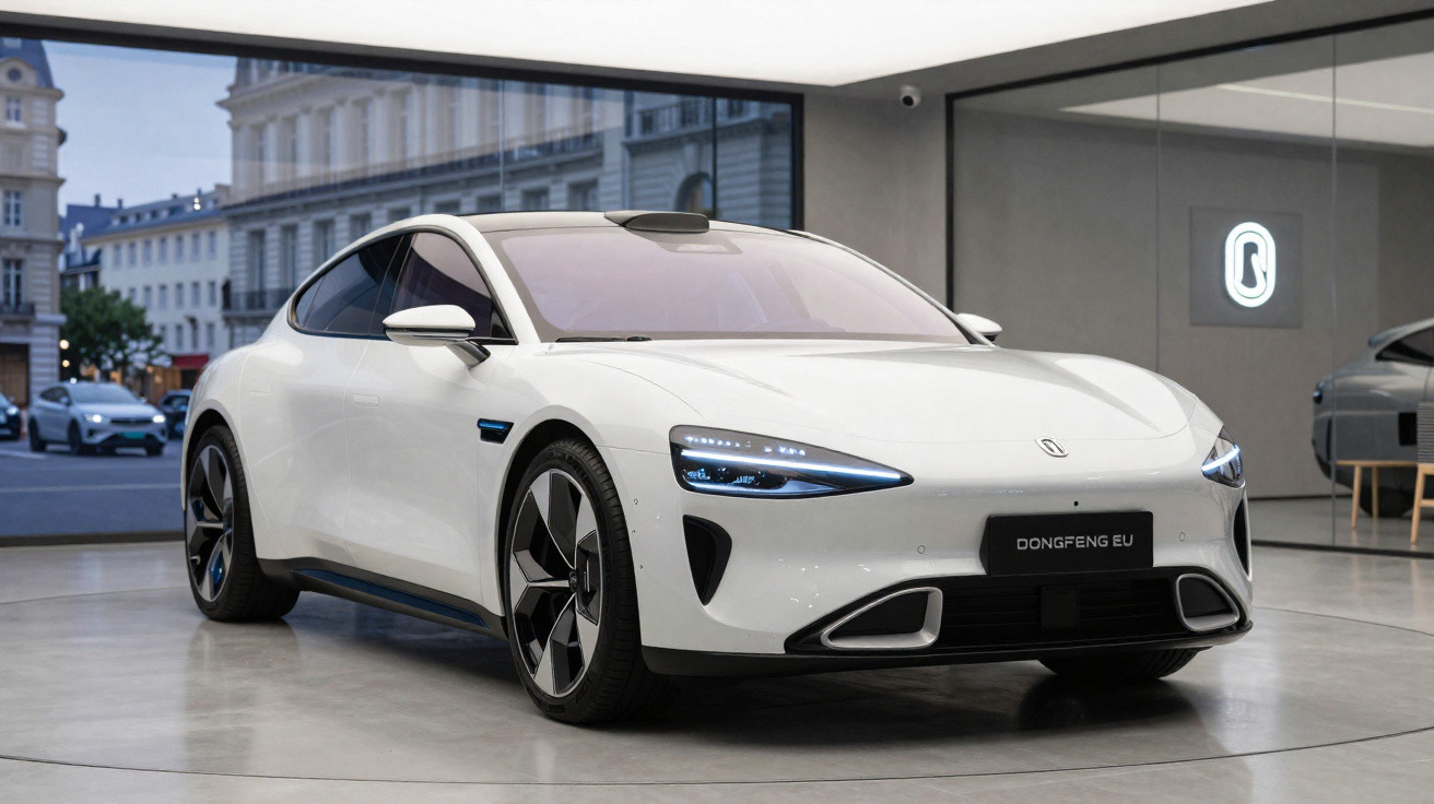 Carro elétrico esportivo branco Dongfeng EU exposto em showroom moderno com iluminação suave.