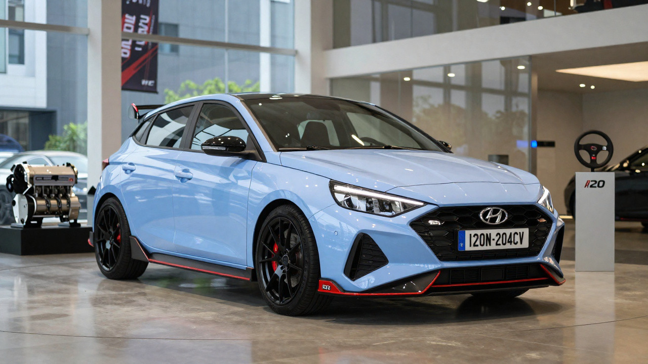 Carro esportivo Hyundai i20 N azul claro em área interna de showroom moderno.