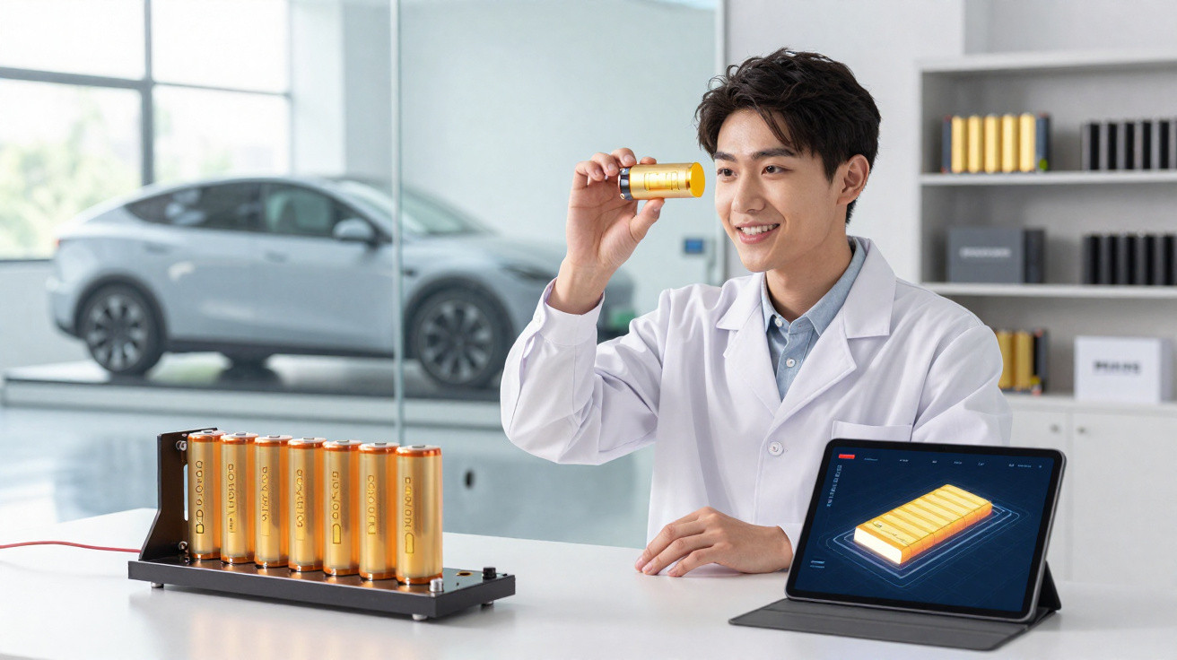 Homem de jaleco branco analisando bateria recarregável ao lado de tablet com imagem de bateria e carro elétrico ao fundo.