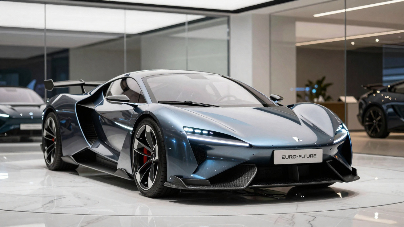 Carro esportivo azul metálico com design aerodinâmico em showroom moderno e iluminado.