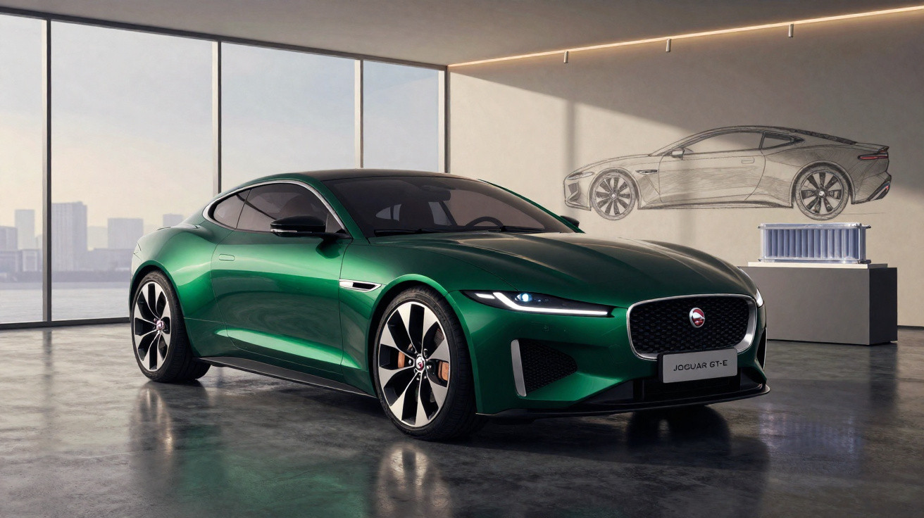 Carro esportivo verde Jaguar GT-E estacionado em ambiente moderno com grande janela e esboço na parede.