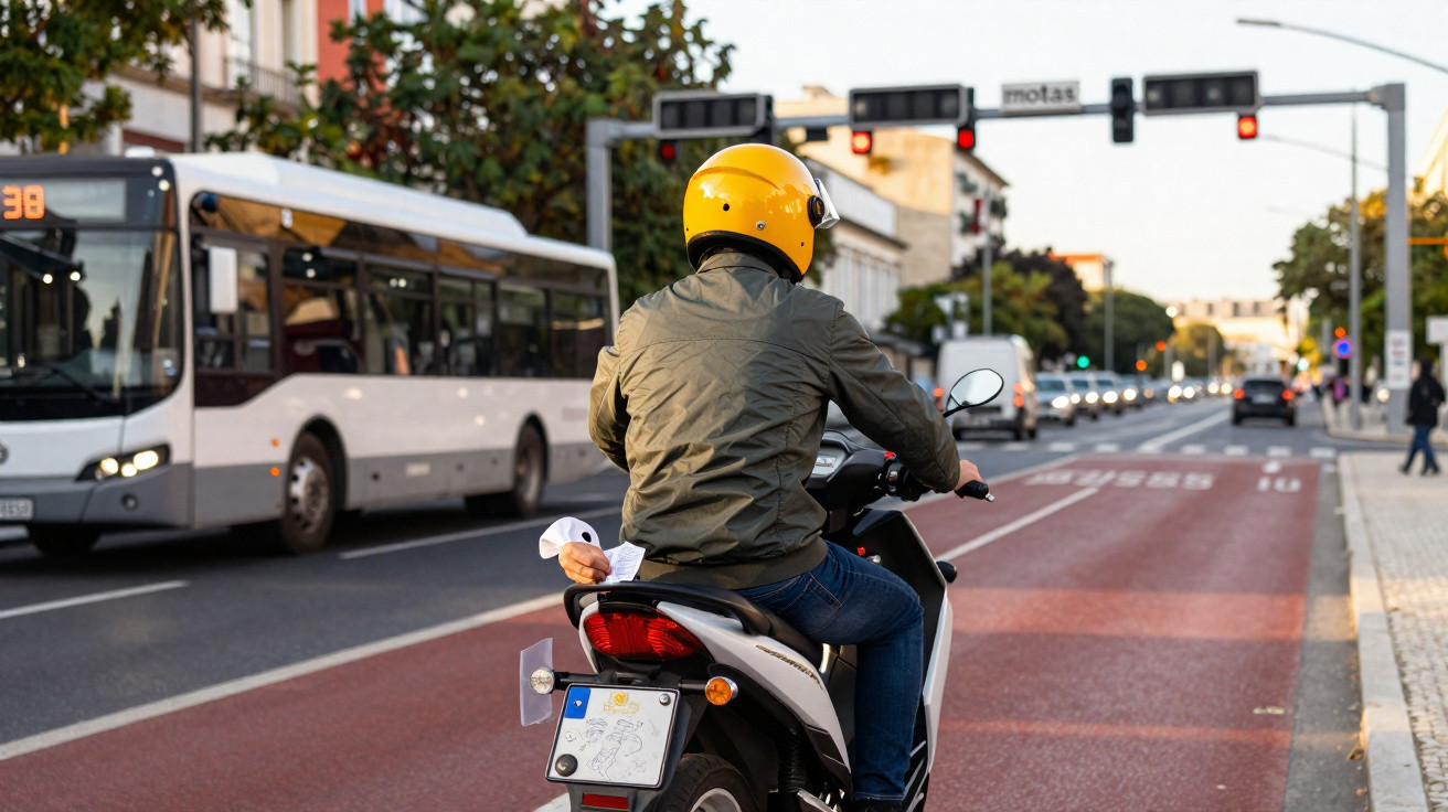 Pessoa de jaqueta verde e capacete amarelo em motocicleta esperando sinal vermelho numa avenida movimentada.