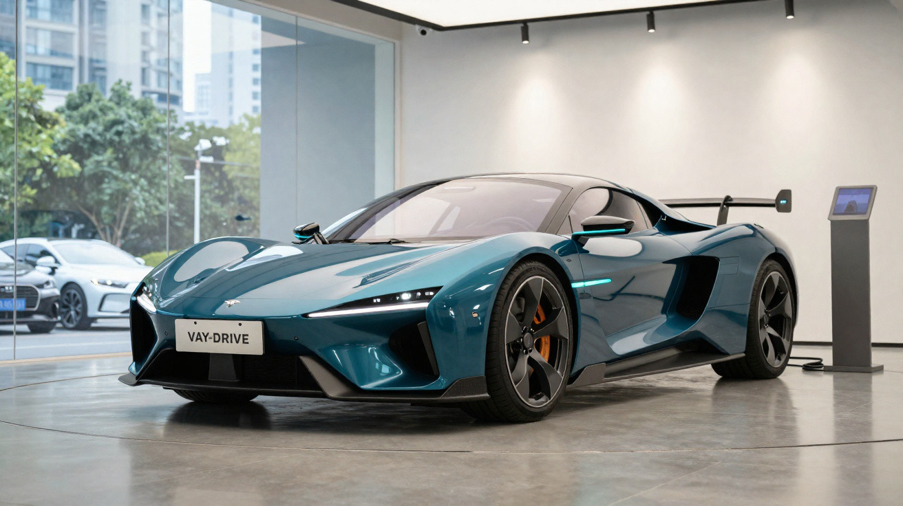 Carro esportivo elétrico azul exposto em showroom moderno com parede branca e vidro.