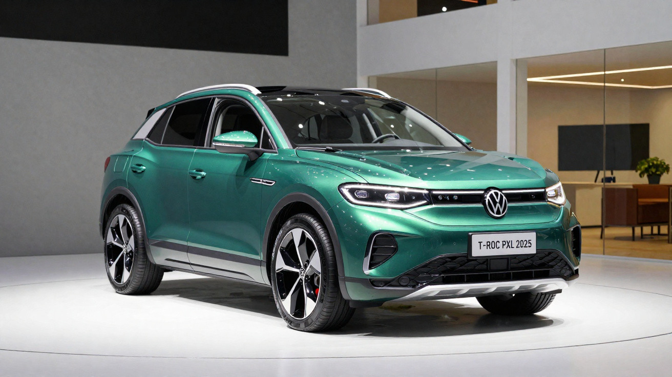 SUV verde metálico Volkswagen T-Roc PXL 2025 em estande de exposição moderno.