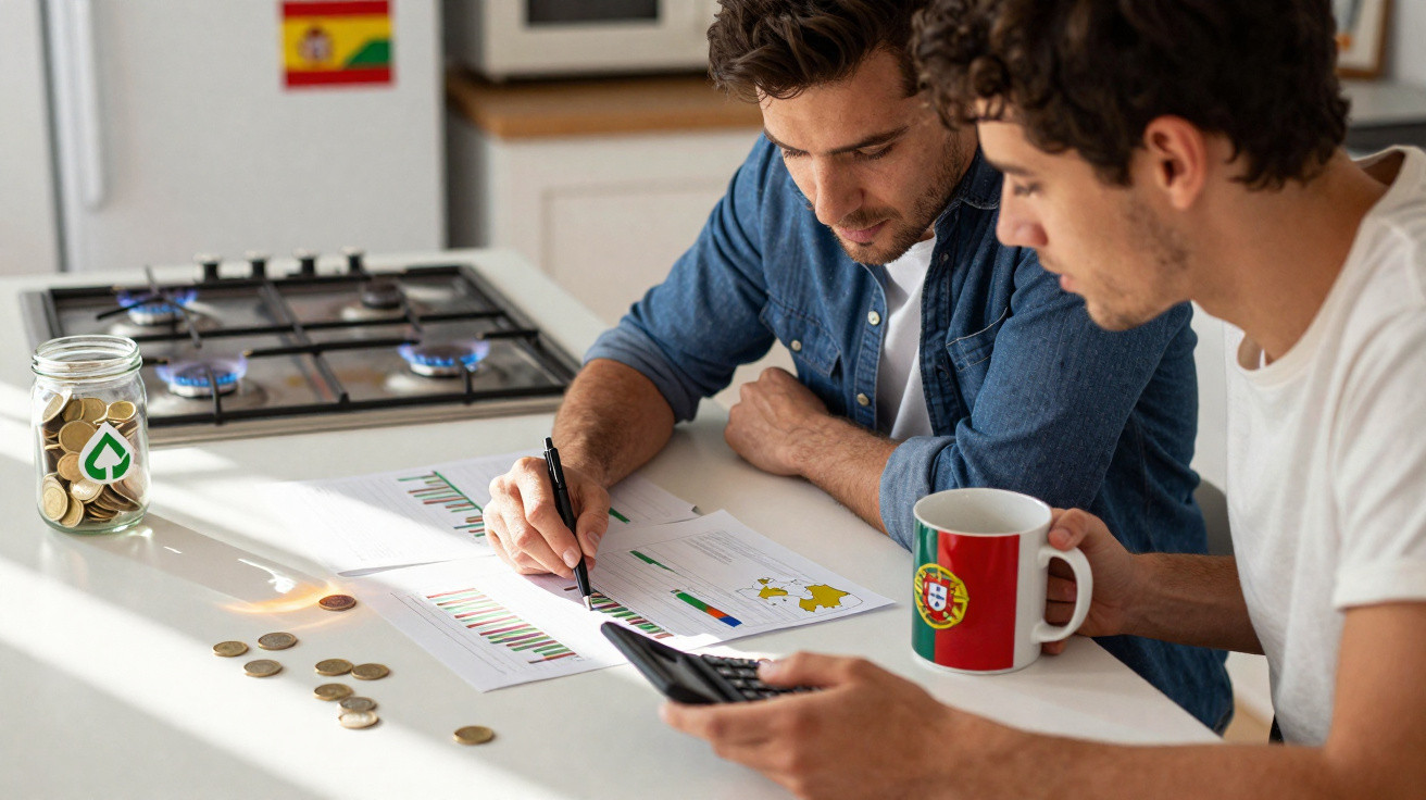 Dois homens analisam gráficos e cálculos financeiros em uma mesa com moedas e uma jarra de vidro.