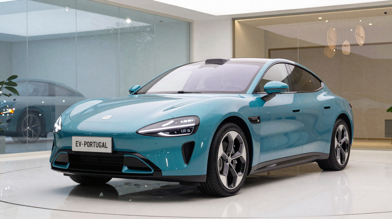 Carro elétrico esportivo azul exibido em ambiente interno moderno e iluminado.