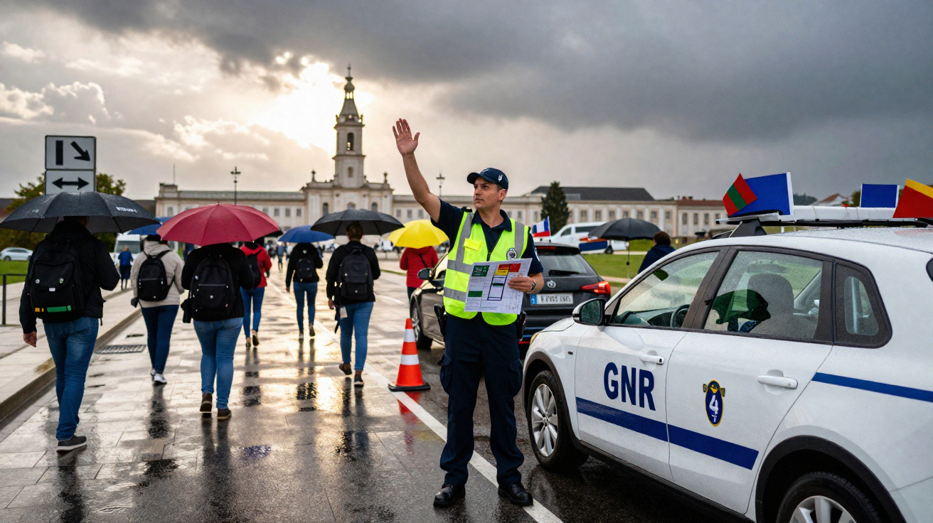 Agente da GNR orienta pedestres com guarda-chuvas em dia nublado e chuvoso próximo a prédio histórico.