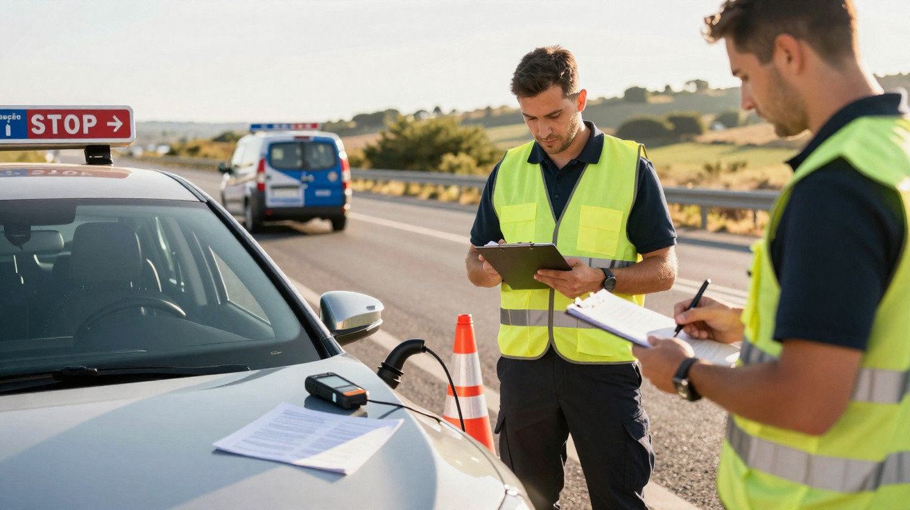Dois agentes de trânsito com coletes refletores registram informações ao lado de carro parado em estrada.