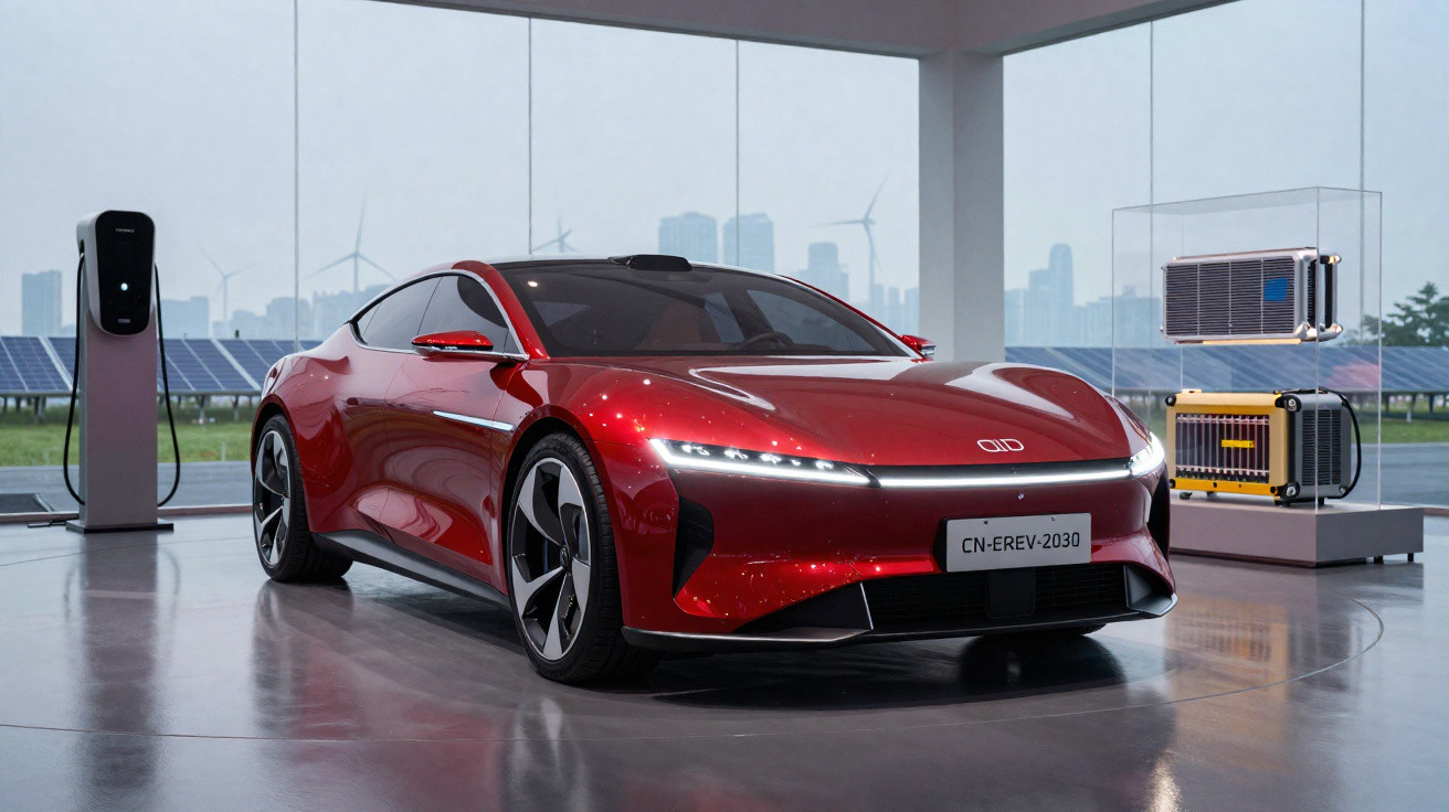 Carro elétrico esportivo vermelho em exposição com painel solar e turbinas ao fundo.