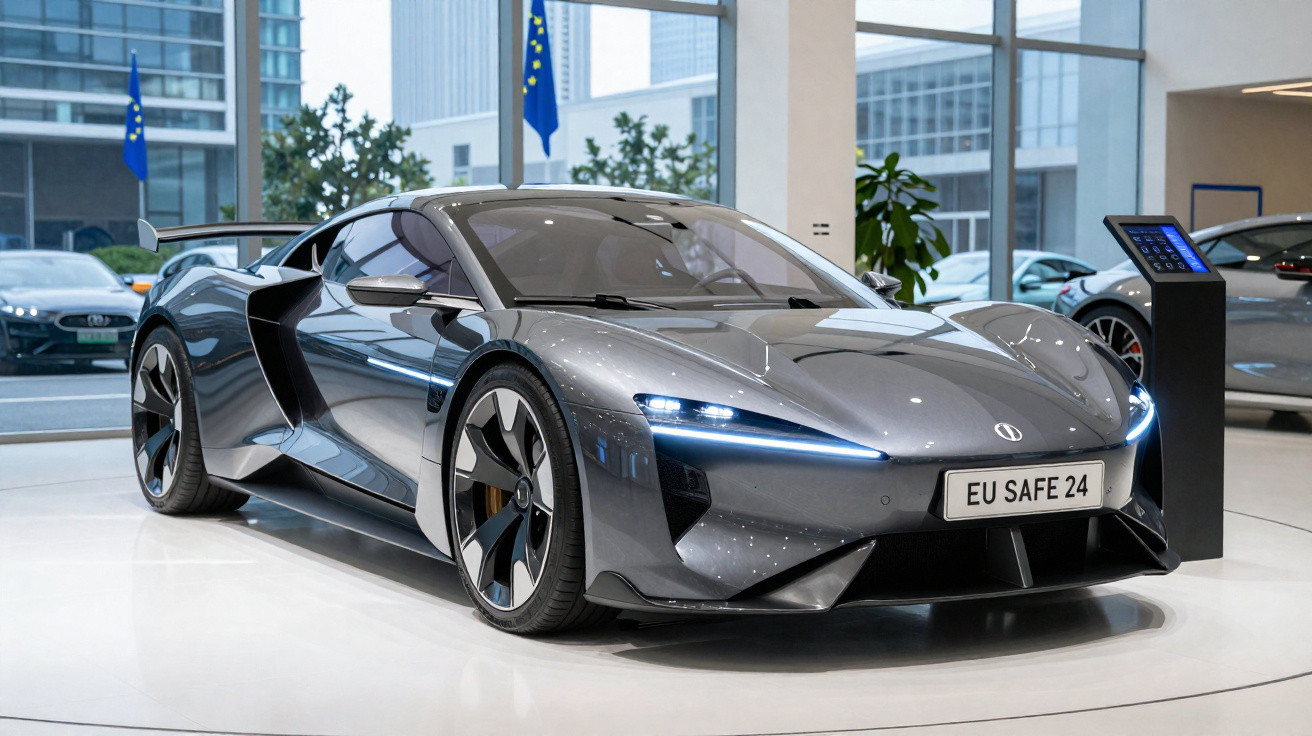 Carro esportivo elétrico cinza metálico em exposição dentro de showroom moderno com teto de vidro.