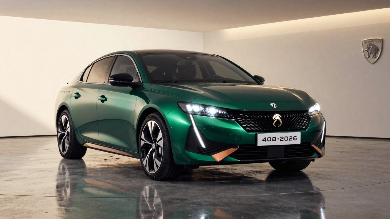 Carro sedan verde metálico com faróis acesos em ambiente interno com piso refletivo e luz suave.