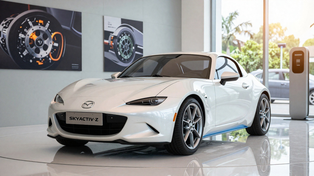 Carro esportivo branco Mazda Skyactiv-Z exibido em showroom moderno com grandes janelas e pôsteres técnicos.