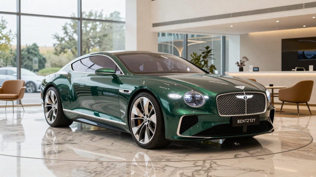 Carro esportivo verde com design luxuoso exibido em showroom moderno com piso de mármore.