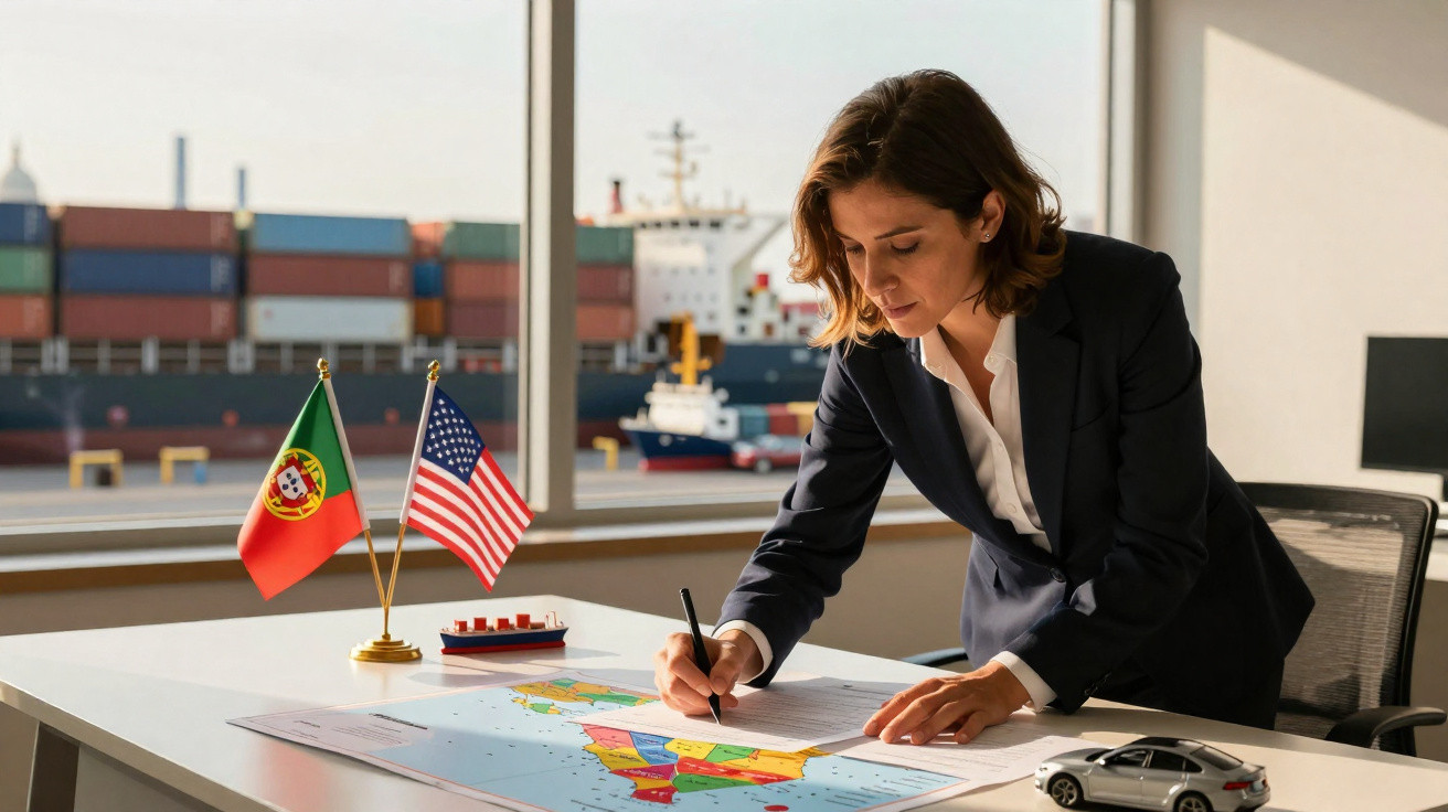 Mulher em terno escrevendo sobre um mapa com pequenas bandeiras de Portugal e EUA na mesa em escritório portuário.