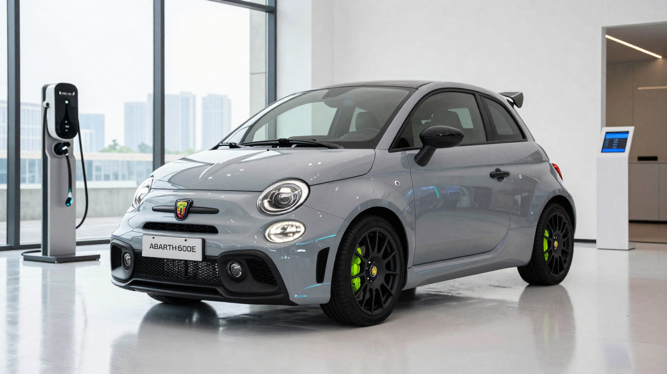 Carro esportivo elétrico cinza Abarth 600E estacionado em showroom com estação de recarga ao lado.