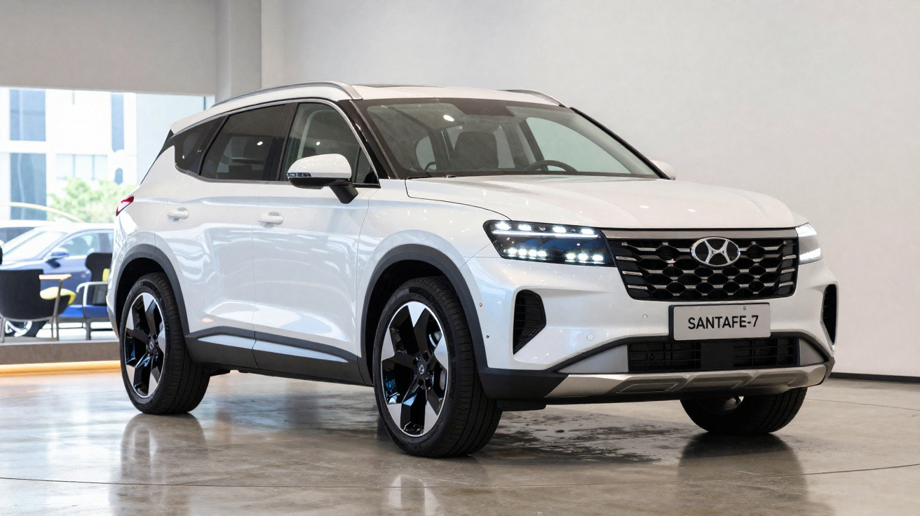 SUV branco Hyundai Santa Fe-7 estacionado em ambiente interno moderno com piso de concreto polido.