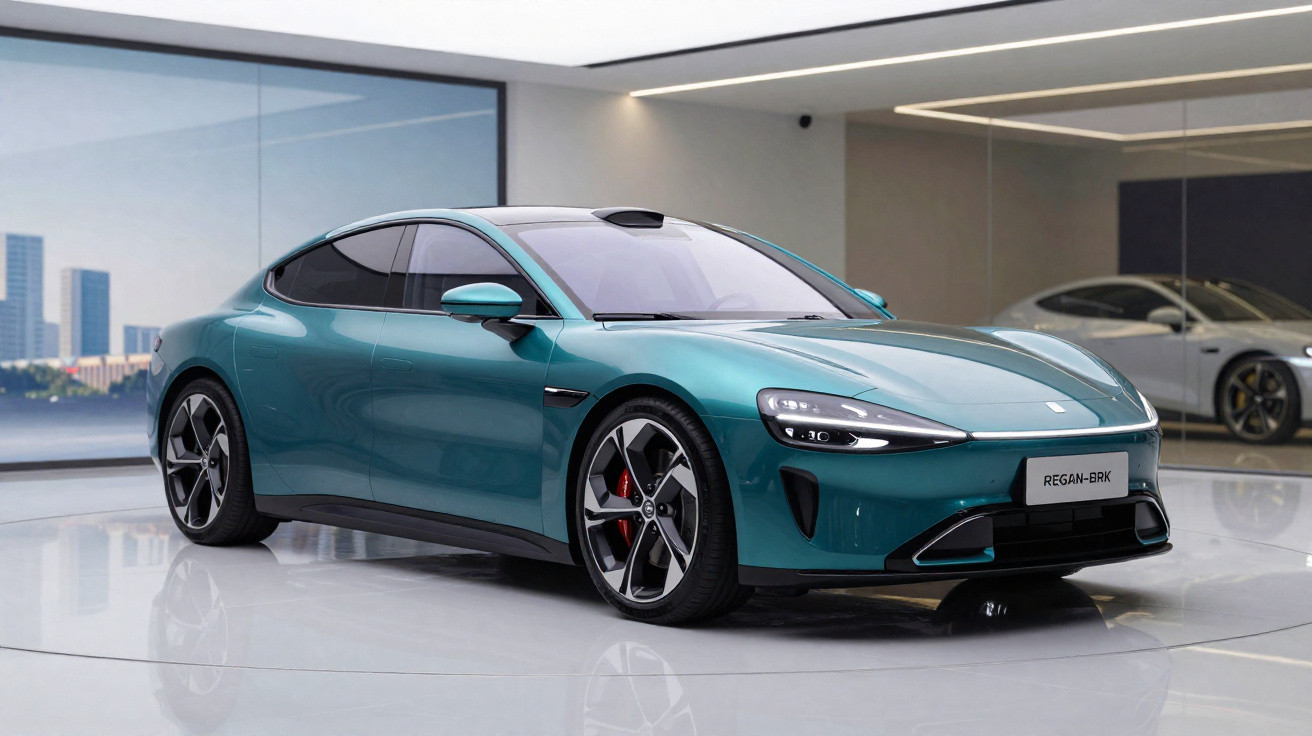 Carro esportivo elétrico verde-azulado em exposição moderna com grande roda e luzes LED.