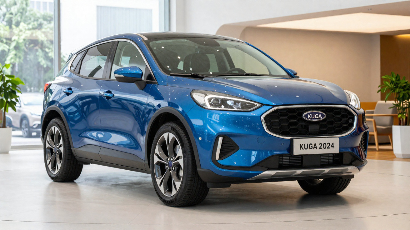 Carro SUV azul Ford Kuga 2024 exposto em ambiente interno iluminado.