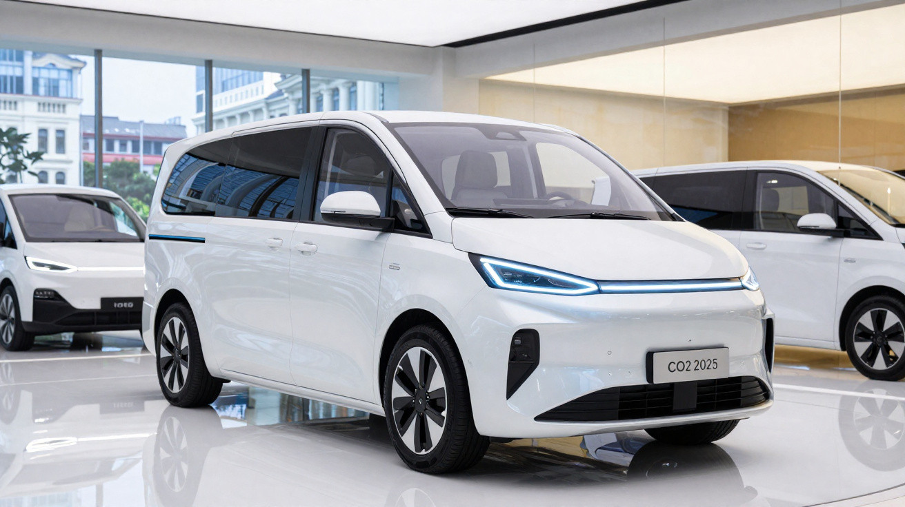 Carro elétrico branco modelo CO2 2025 exibido em showroom moderno com piso brilhante e vidro ao fundo.