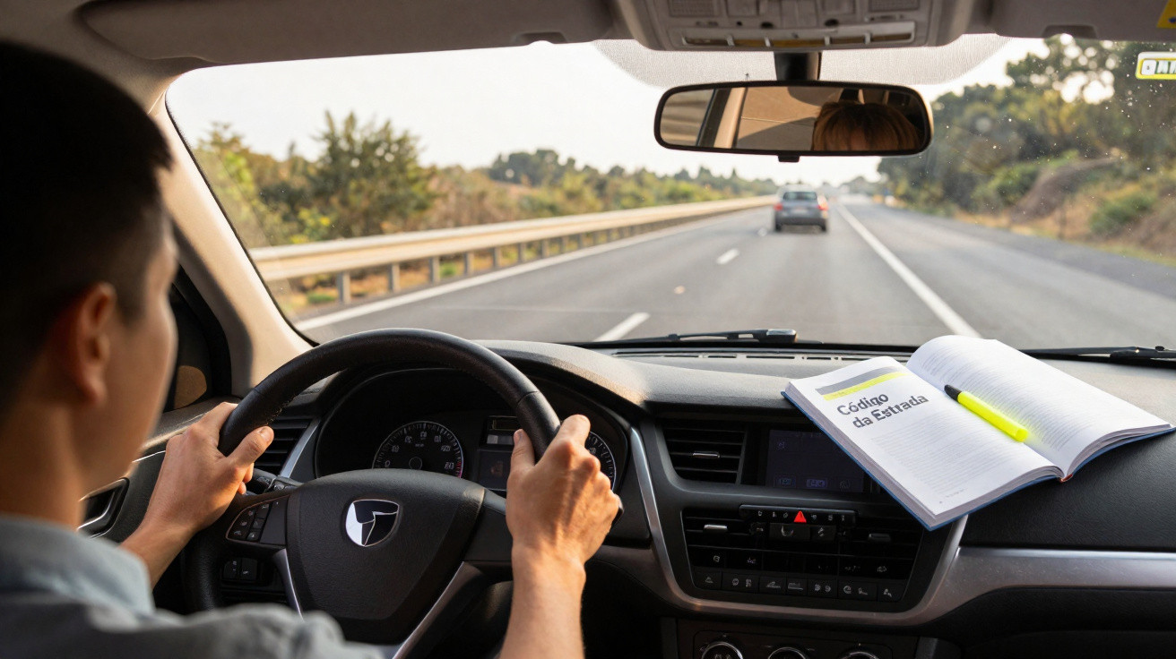 Pessoa dirigindo carro em estrada com livro aberto sobre o código de trânsito no painel do veículo.