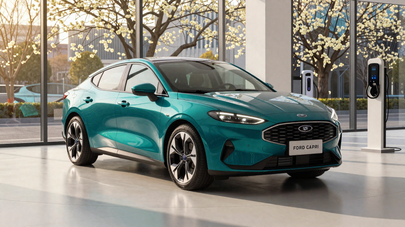 Carro elétrico Ford Capri verde em showroom moderno com janelas grandes e árvores floridas ao fundo.