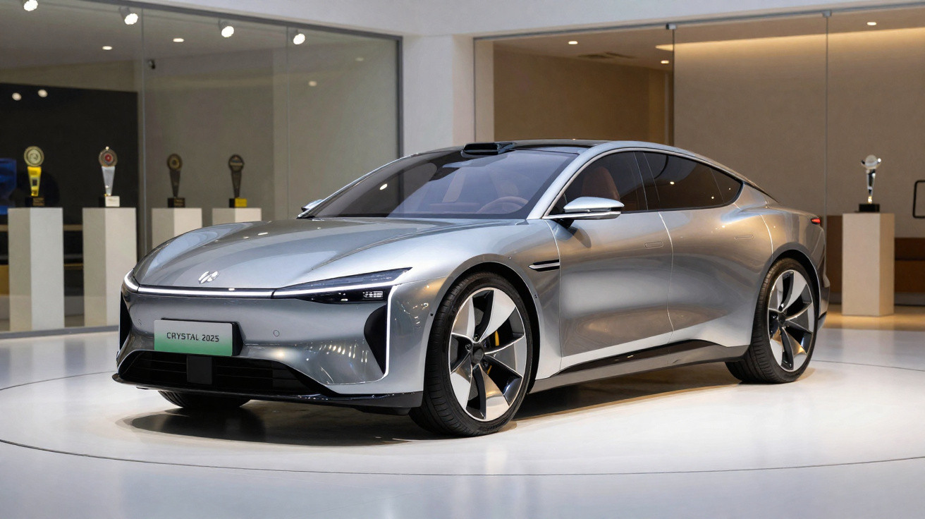 Carro elétrico prata futurista exposto em espaço fechado com troféus ao fundo.