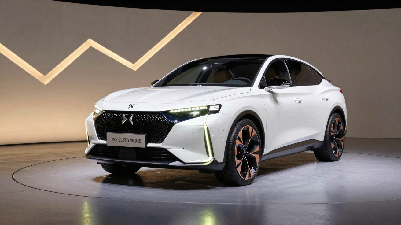 Carro elétrico branco DS 4 Électrique exposto em ambiente moderno com iluminação indireta.