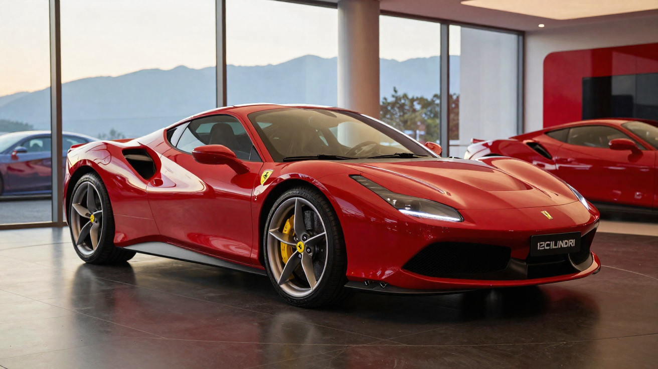Carro esportivo Ferrari vermelho em exposição interna com montanhas ao fundo.