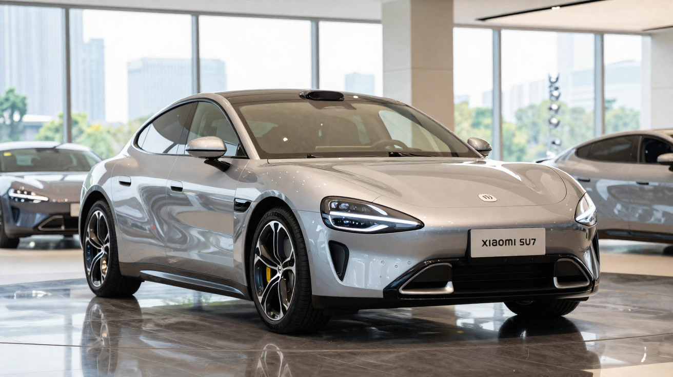 Carro elétrico cinza Xiaomi SU7 exposto em showroom moderno com iluminação natural e refletindo no chão de porcelanato.